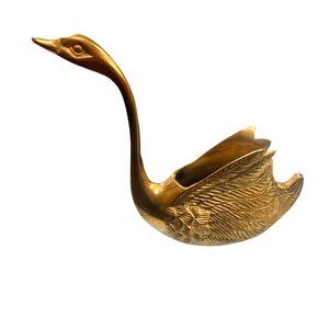 Vintage Brass Swan Figurine Detailed Feather Design Planter MCM
